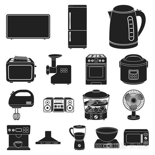家用电器的类型黑色图标集合中的设计.厨房设备矢量符号库存 web 插图
